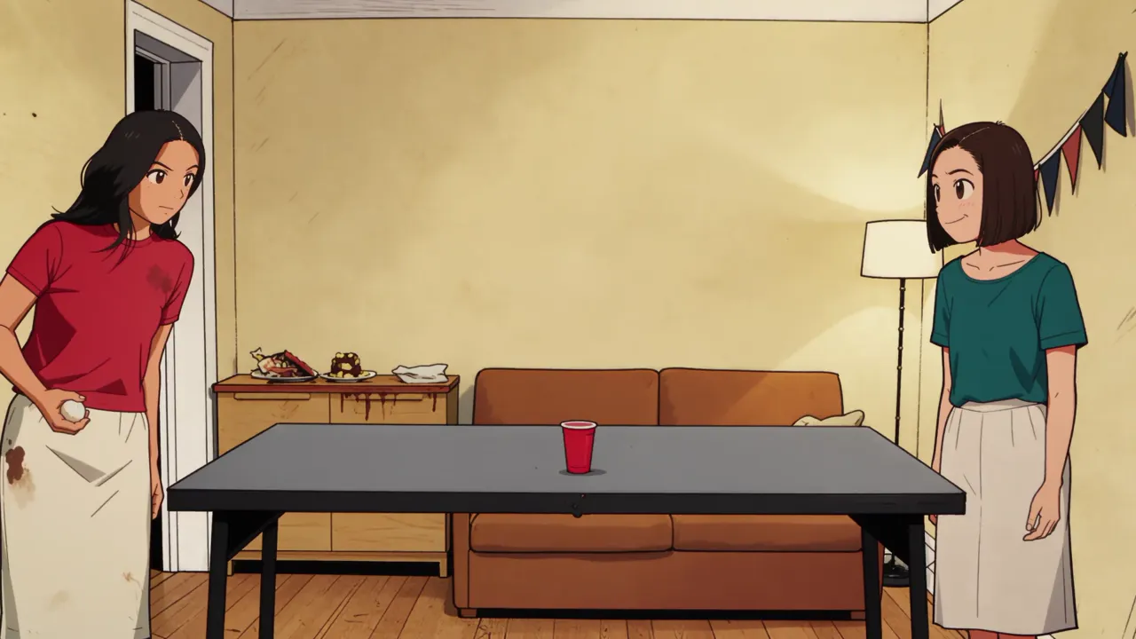 Anime still: two women in a cream-walled living room stand at either end of a slate ping-pong table with one red cup in the middle.